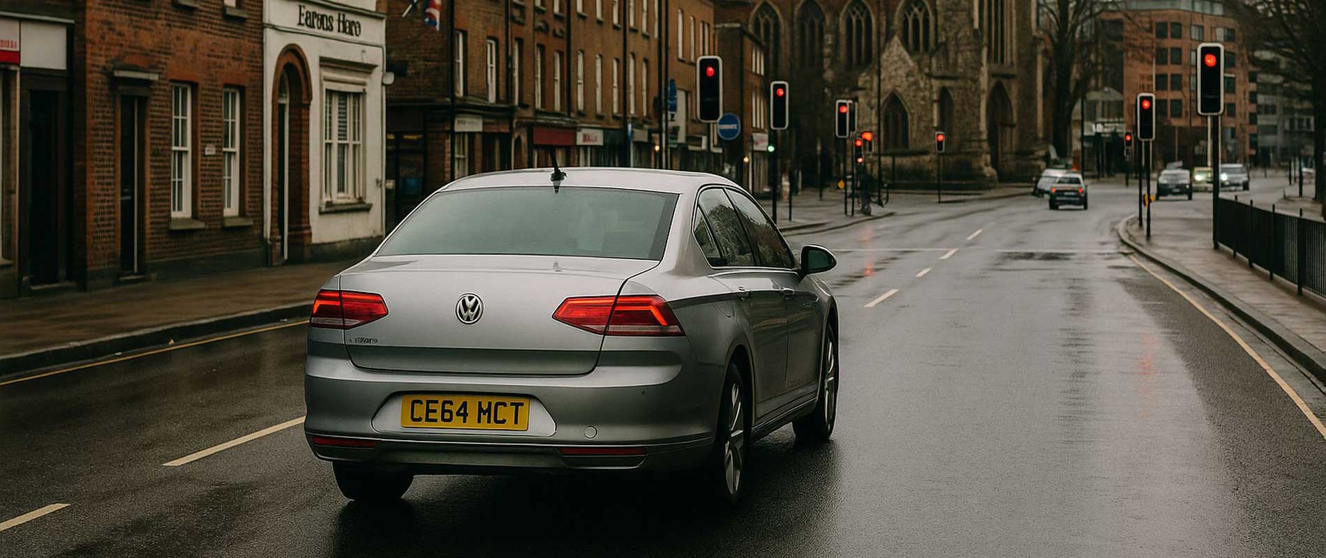 A blue car passing through light rain in chelmsford