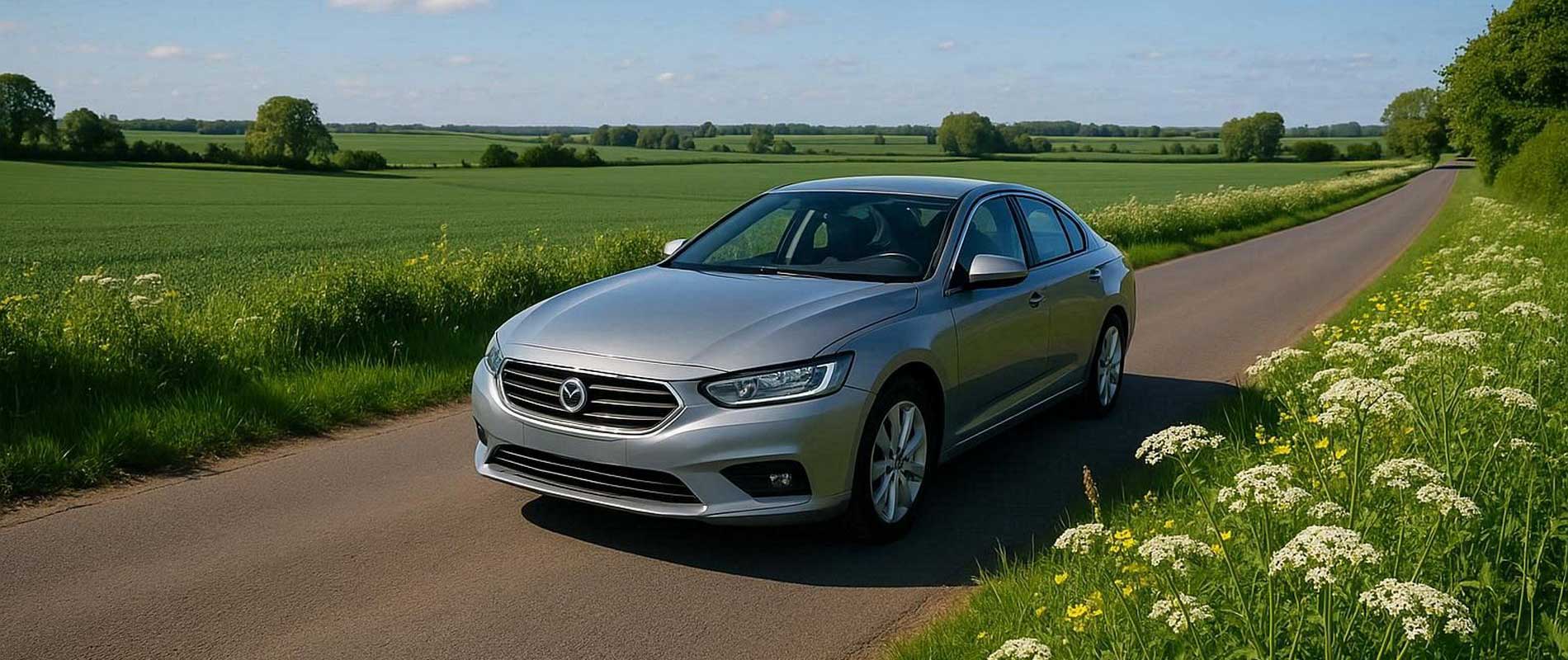 A blue car stopped at a junction in norwich