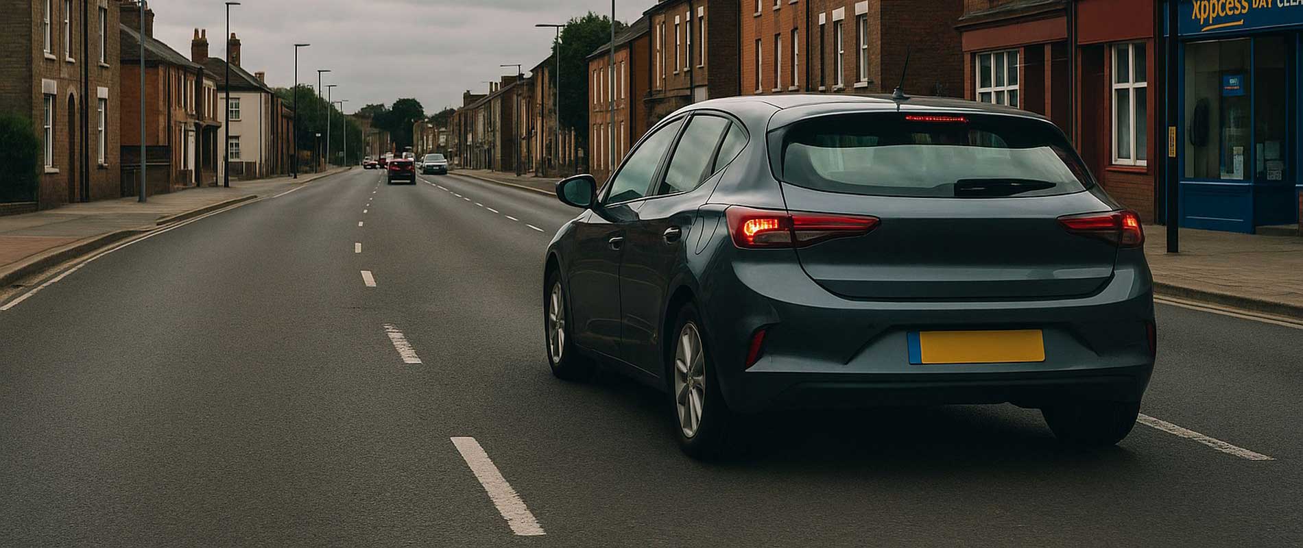 A black car cruising through the town centre of peterborough