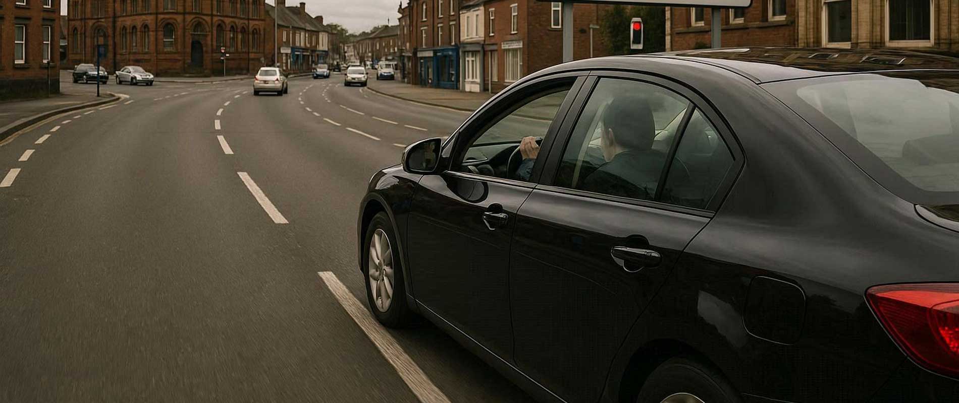A blue car reflecting sunlight on its bonnet in stoke-on-trent